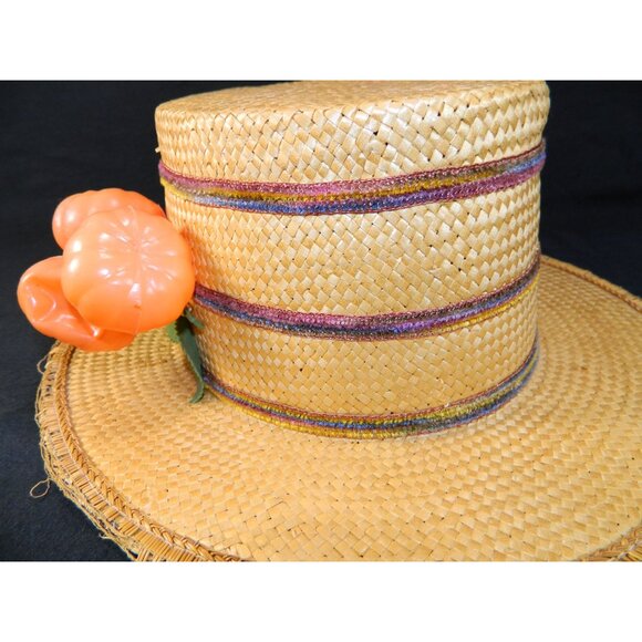 Vtg Italian Straw Hat With Figurine & Accents 1950s Boater Gatsby Autumn Fall - Picture 12 of 16
